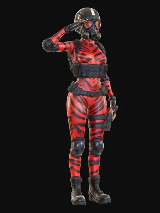 3D model for petite-skinny-cyberpunk-style-commando-chinese-girl. skin-tight-red-plastic-bodysuit-black-tiger-stripes.
. tactical-black-helmet-respirator-gas-mask-goggles-round-lenses-red.,  tactical-black-boots, knee-pads-tactical, tactical-gloves-armored, elbow-pads, tactical-vest.
 lean-smooth-athletic-body, toned-waist, athletic-perky-chest. saluting