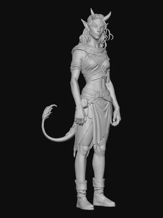 3D model for Create a full-body character model of a Blood Hag: humanoid female, 170–178 cm tall. Skin is blue-gray (#6F8BA4 to #4B6175), smooth, matte. Eyes have vertical goat pupils with gold or amber irises. Hair is raven black, shoulder-length, straight. She has two small black oni-like horns (4–7 cm) above the forehead, rounded elf-like ears (10–15% longer than human), and a 30–60 cm bovid tail with a tuft of black hair at the end. Body proportions: 1:7.5 head-to-body ratio, mesomorphic build, slightly elongated limbs. Subtle marbling on temples. Nails dark gray. Clothing: simple traveler’s linens and leather in earth tones, no magical designs. Expression calm and observant. Provide front, side, back, 3/4, close-ups of face, horns, and tail.