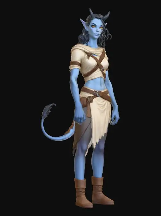 3D model for Create a full-body character model of a Blood Hag: humanoid female, 170–178 cm tall. Skin is blue-gray (#6F8BA4 to #4B6175), smooth, matte. Eyes have vertical goat pupils with gold or amber irises. Hair is raven black, shoulder-length, straight. She has two small black oni-like horns (4–7 cm) above the forehead, rounded elf-like ears (10–15% longer than human), and a 30–60 cm bovid tail with a tuft of black hair at the end. Body proportions: 1:7.5 head-to-body ratio, mesomorphic build, slightly elongated limbs. Subtle marbling on temples. Nails dark gray. Clothing: simple traveler’s linens and leather in earth tones, no magical designs. Expression calm and observant. Provide front, side, back, 3/4, close-ups of face, horns, and tail.
