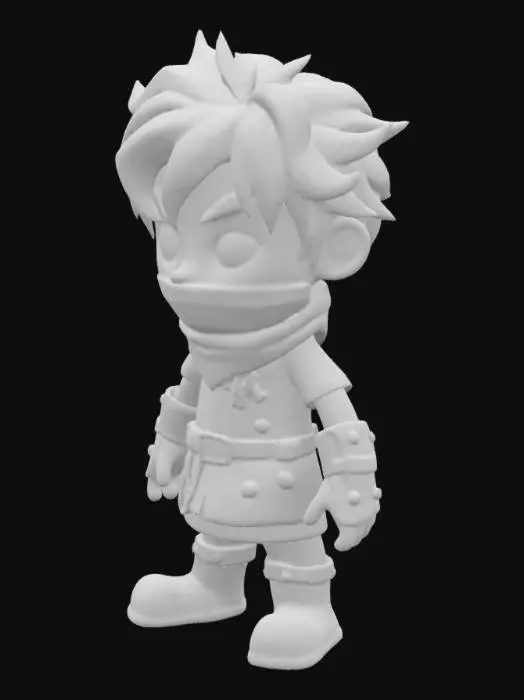 3D model for A-Pose.  Photorealistic.  Action RPG adventure hero boy. Short and slightly stocky build with a large expressive head and big bright eyes. Wearing a simple yet heroic outfit: tunic with a leather belt, a scarf covering his mouth, fingerless gloves, and sturdy boots. Hair is messy and windswept, medium length, giving a young adventurer vibe. Color palette is vibrant and saturated, with a nostalgic retro-fantasy feel, as if lifted from a 16-bit RPG world but transformed into a modern 3D model. ready for an epic quest.  He has no weapon.  Palms of hands are facing down.  Hands formed into fists.
