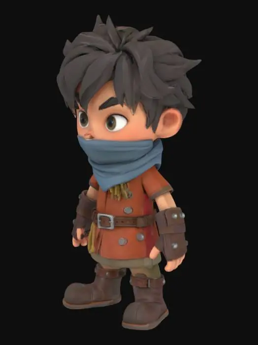 3D model for A-Pose.  Photorealistic.  Action RPG adventure hero boy. Short and slightly stocky build with a large expressive head and big bright eyes. Wearing a simple yet heroic outfit: tunic with a leather belt, a scarf covering his mouth, fingerless gloves, and sturdy boots. Hair is messy and windswept, medium length, giving a young adventurer vibe. Color palette is vibrant and saturated, with a nostalgic retro-fantasy feel, as if lifted from a 16-bit RPG world but transformed into a modern 3D model. ready for an epic quest.  He has no weapon.  Palms of hands are facing down.  Hands formed into fists.
