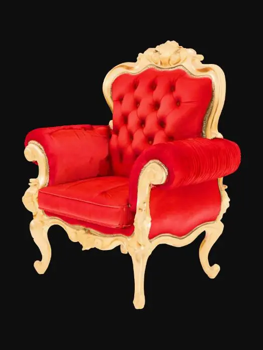 3D model for #PBR#, a stylized, fancy, bronze framed chair with cushions lined with red velvet with visible seams