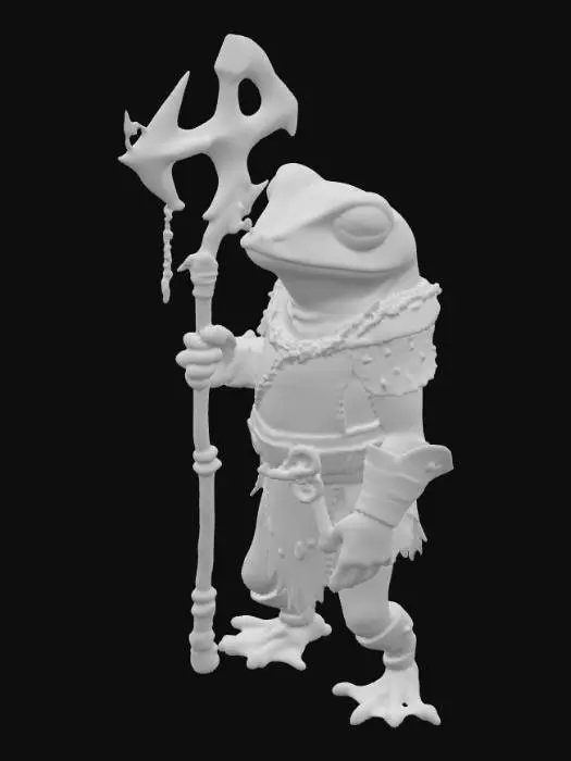 3D model for a slimy humanoid frog wearing iron chainmail with wear and rust, holding a steel polearm, standing in a battle stance, #PBR#
