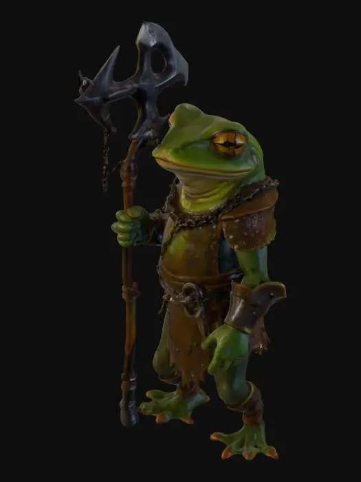3D model for a slimy humanoid frog wearing iron chainmail with wear and rust, holding a steel polearm, standing in a battle stance, #PBR#