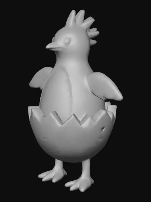 3D model for Create a 3D cartoon-style chicken character based on the reference image.
The chicken should have a simple, hand-drawn look, slightly goofy and funny.
Body shape is rounded, with small wings, short legs, and a big beak.
The character looks like it just hatched from an egg, with the broken eggshell around its waist.
Keep the design cute, low-detail, and stylized, not realistic.
Smooth surfaces, soft edges, suitable for a game character or animation.
Neutral pose, full body, centered, clean background.