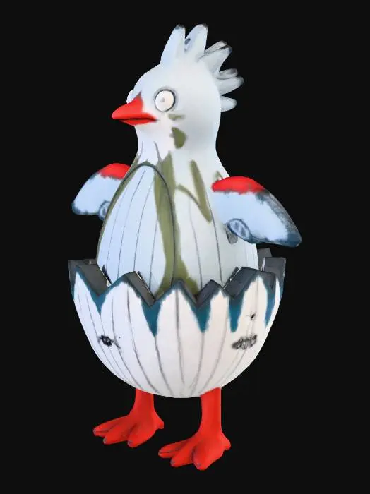 3D model for Create a 3D cartoon-style chicken character based on the reference image.
The chicken should have a simple, hand-drawn look, slightly goofy and funny.
Body shape is rounded, with small wings, short legs, and a big beak.
The character looks like it just hatched from an egg, with the broken eggshell around its waist.
Keep the design cute, low-detail, and stylized, not realistic.
Smooth surfaces, soft edges, suitable for a game character or animation.
Neutral pose, full body, centered, clean background.