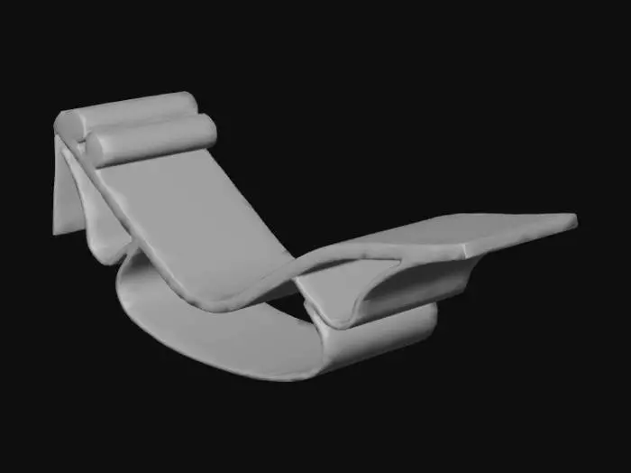 3D model for A single modern chaise lounge with a continuous organic “S”-curve frame in matte black composite, hollow base forming a single flowing loop, and seat surface in natural woven rattan. Includes cylindrical leather headrest with side straps. Photorealistic, clean white background, accurate proportions for modeling and export as .glb or .obj.