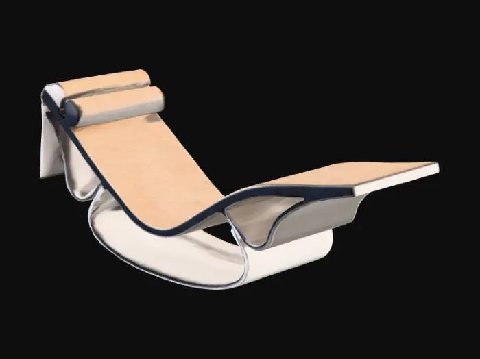 3D model for A single modern chaise lounge with a continuous organic “S”-curve frame in matte black composite, hollow base forming a single flowing loop, and seat surface in natural woven rattan. Includes cylindrical leather headrest with side straps. Photorealistic, clean white background, accurate proportions for modeling and export as .glb or .obj.