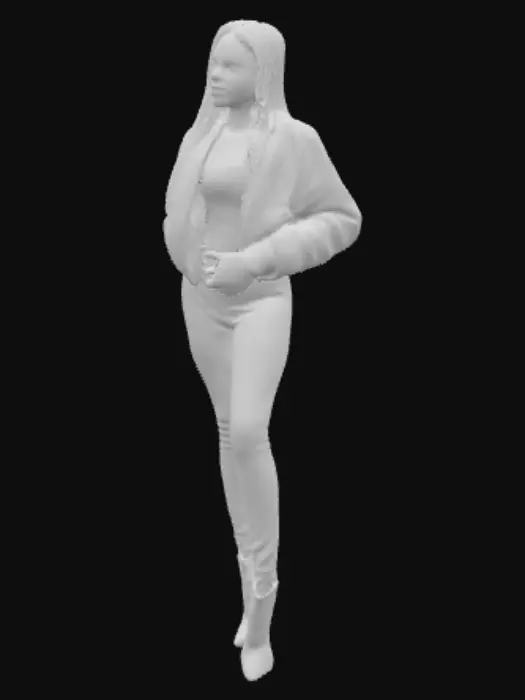 3D model for A stunning 19-year-old biracial woman, possessing a perfect figure and captivating expression, poses gracefully. Her voluminous strawberry blonde cornrows are styled elegantly, adding to her striking appearance. She embodies high-fashion hip-hop with a glamorous twist: a sparkling, embellished bomber jacket made of sequined fabric, paired with form-fitting, high-waisted pleather leggings. The jacket offers a vibrant, reflective texture, while the leggings have a sleek, almost rubberized feel. Opulent jewelry completes her luxurious, confident ensemble.