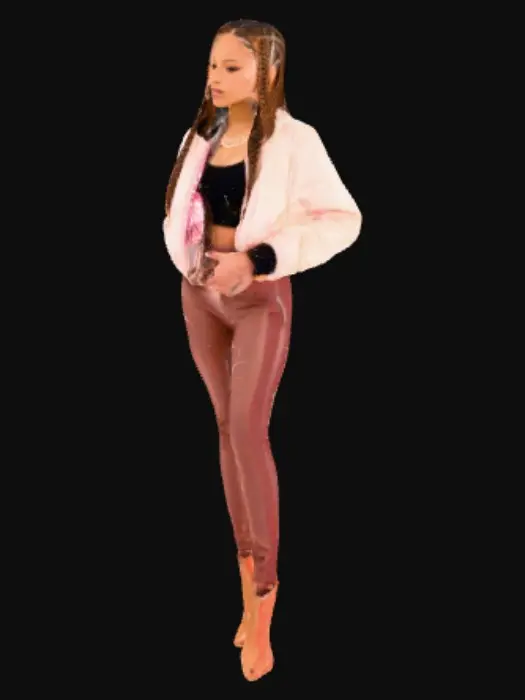 3D model for A stunning 19-year-old biracial woman, possessing a perfect figure and captivating expression, poses gracefully. Her voluminous strawberry blonde cornrows are styled elegantly, adding to her striking appearance. She embodies high-fashion hip-hop with a glamorous twist: a sparkling, embellished bomber jacket made of sequined fabric, paired with form-fitting, high-waisted pleather leggings. The jacket offers a vibrant, reflective texture, while the leggings have a sleek, almost rubberized feel. Opulent jewelry completes her luxurious, confident ensemble.