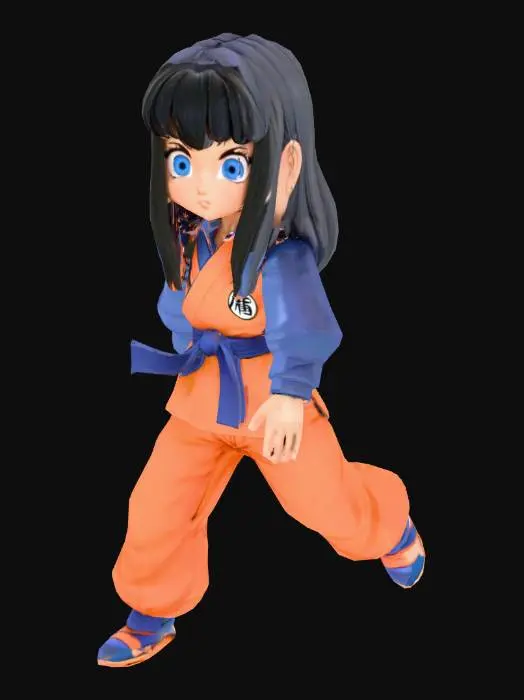 3D model for A young martial arts practising  girl in a colorful orange kimono. Use the style in Dragon Ball. She has long black hair and big blue eyes.
Her cloths are tight and she is in a straight pose with closed legs and arms open to the side.