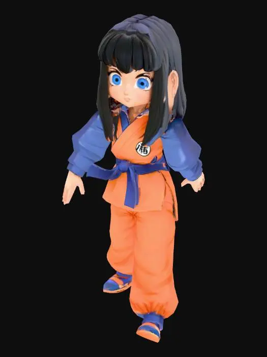 3D model for A young martial arts practising  girl in a colorful orange kimono. Use the style in Dragon Ball. She has long black hair and big blue eyes.
Her cloths are tight and she is in a straight pose with closed legs and arms open to the side.