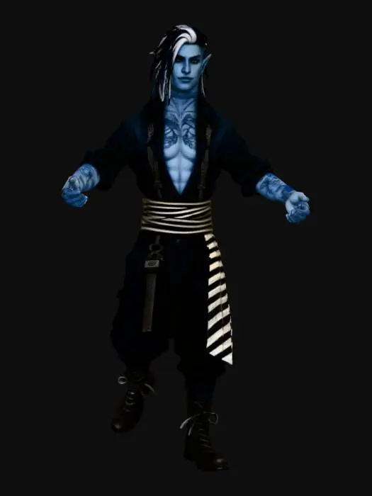 3D model for Half-Drow male

The character has blue-gray skin, sharp elven ears, and short heterochromatic dreaded hair — mostly black with a white streak running through the front. His hairstyle is partly shaved on the sides with long white dread running through the front

He wears a black loose Cargo pants tucked into combat boots, a half-open shirt, suspenders, and a zebra striped scarf wrapped around his neck. 

His expression varies from calm confidence to playful smirks.