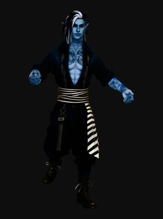 3D model for Half-Drow male

The character has blue-gray skin, sharp elven ears, and short heterochromatic dreaded hair — mostly black with a white streak running through the front. His hairstyle is partly shaved on the sides with long white dread running through the front

He wears a black loose Cargo pants tucked into combat boots, a half-open shirt, suspenders, and a zebra striped scarf wrapped around his neck. 

His expression varies from calm confidence to playful smirks.