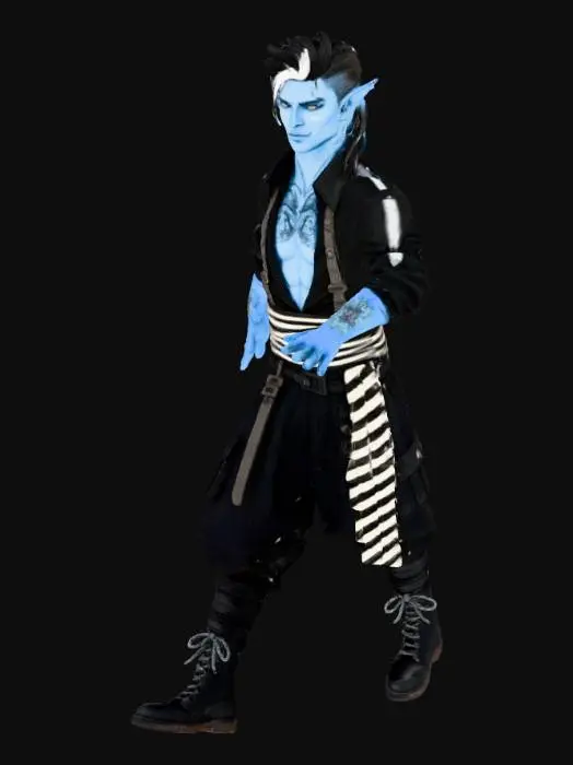 3D model for Half-Drow male

The character has blue-gray skin, sharp elven ears, and short heterochromatic dreaded hair — mostly black with a white streak running through the front. His hairstyle is partly shaved on the sides with long white dread running through the front

He wears a black loose Cargo pants tucked into combat boots, a half-open shirt, suspenders, and a zebra striped scarf wrapped around his neck. 

His expression varies from calm confidence to playful smirks.