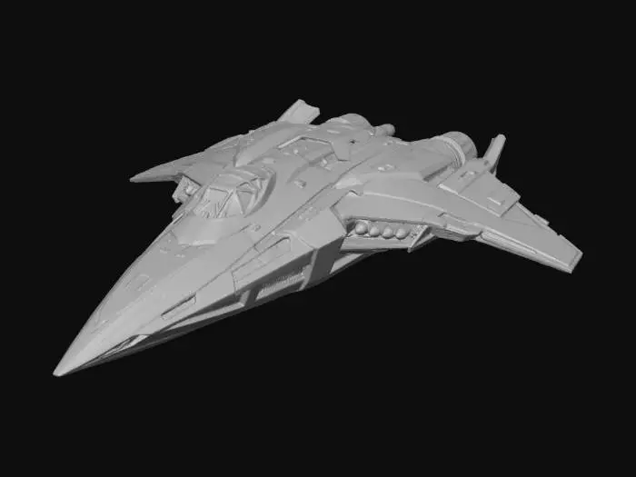 3D model for A sleek starship, capable of light speed travel. Military capable, weapon systems, advanced, futuristic