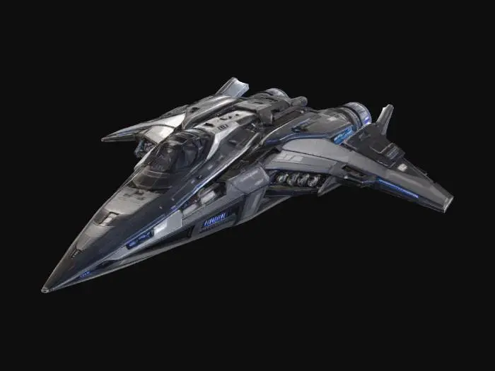 3D model for A sleek starship, capable of light speed travel. Military capable, weapon systems, advanced, futuristic