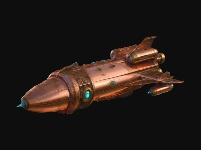 3D model for A majestic, copper-plated armada of spaceships, adorned with intricate brass filigree, Victorian-era embellishments, cogs, and hissing steam vents, sails through the inky void of space, their colossal hulls gleaming under distant starlight, evoking a blend of retro-futuristic steampunk and alien engineering aesthetics, reminiscent of Syd Mead's industrial futurism, Jean Giraud's intricate linework, and the atmospheric, mystical qualities of Zdzisław Beksiński's surrealism