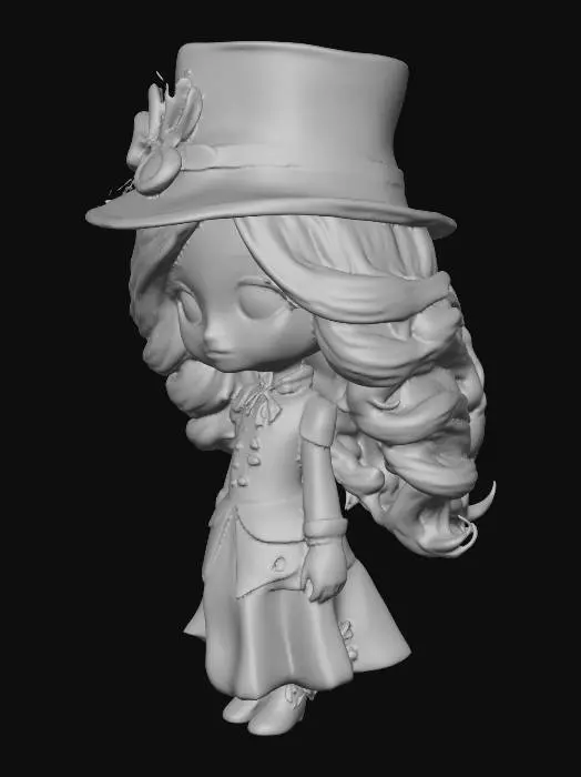 3D model for maak een vrouwelijke chibi .Zij  is oud met lang wit golvend haar en Victoriaans gekleed. grote groene ogen kleine neus, en oren  Zij heeft een  paars bolhoedje met een voile op, met steampunk elementen. Zij is gedailleerd en volledig zichtbaar