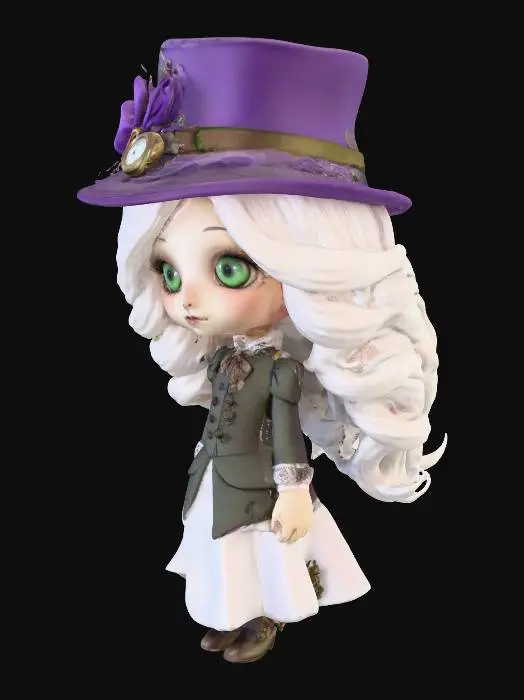 3D model for maak een vrouwelijke chibi .Zij  is oud met lang wit golvend haar en Victoriaans gekleed. grote groene ogen kleine neus, en oren  Zij heeft een  paars bolhoedje met een voile op, met steampunk elementen. Zij is gedailleerd en volledig zichtbaar