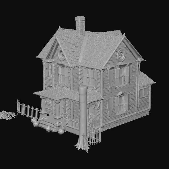 3D model for "Create a complete 3D Halloween scene containing:

· Creepy Victorian haunted house with broken windows, peeling paint, and crooked shutters
· Multiple jack-o-lanterns with glowing orange faces and candlelight effects
· Semi-transparent floating ghosts with ethereal glow effects
· Twisted, leafless trees with gnarled branches against full moon
· Old iron fence with rust texture, slightly broken in places
· Volumetric fog/mist creeping along the ground
· Bats flying in the distance around the moon
· Scattered fallen leaves and overgrown weeds
· Weathered cobblestone path leading to the house
· Subtle supernatural glow from house windows"