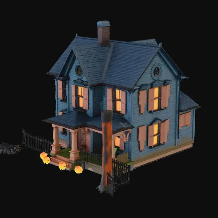 3D model for "Create a complete 3D Halloween scene containing:

· Creepy Victorian haunted house with broken windows, peeling paint, and crooked shutters
· Multiple jack-o-lanterns with glowing orange faces and candlelight effects
· Semi-transparent floating ghosts with ethereal glow effects
· Twisted, leafless trees with gnarled branches against full moon
· Old iron fence with rust texture, slightly broken in places
· Volumetric fog/mist creeping along the ground
· Bats flying in the distance around the moon
· Scattered fallen leaves and overgrown weeds
· Weathered cobblestone path leading to the house
· Subtle supernatural glow from house windows"