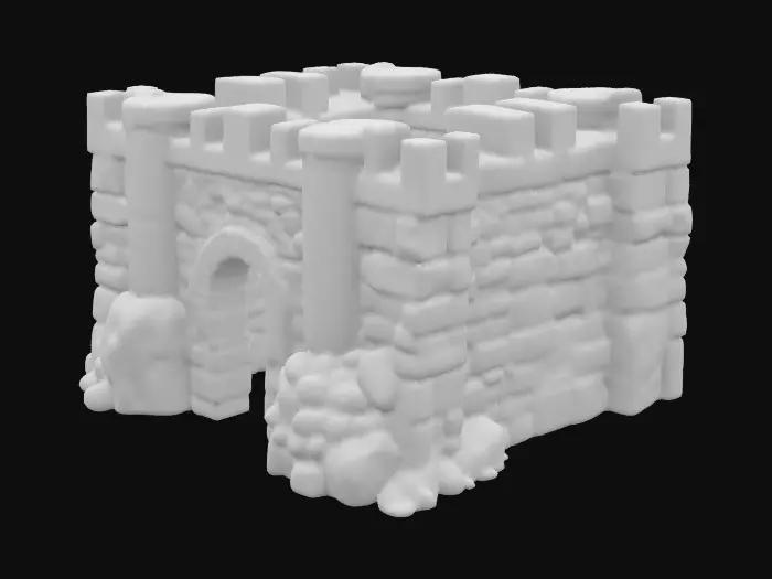 3D model for Eine robuste, rechteckige Burg, errichtet aus großen, grob behauenen Steinen. Die massiven Mauern zeigen eine unregelmäßige, aber stabile Oberfläche, die das Alter und die Witterung widerspiegelt. Die Textur der Steine ist rau und griffig, mit sichtbaren Spalten und Abnutzungsspuren. Ihre Farbpalette reicht von dunklem Grau über verschiedene Braun- und Beigetöne. Ein schlichter, aber breiter Eingangsbogen ist mittig in einer der Vorderseiten eingelassen, gefertigt aus denselben schweren Steinquadern.