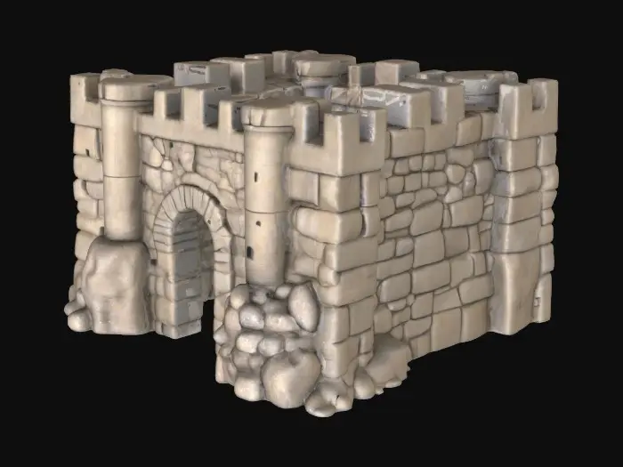 3D model for Eine robuste, rechteckige Burg, errichtet aus großen, grob behauenen Steinen. Die massiven Mauern zeigen eine unregelmäßige, aber stabile Oberfläche, die das Alter und die Witterung widerspiegelt. Die Textur der Steine ist rau und griffig, mit sichtbaren Spalten und Abnutzungsspuren. Ihre Farbpalette reicht von dunklem Grau über verschiedene Braun- und Beigetöne. Ein schlichter, aber breiter Eingangsbogen ist mittig in einer der Vorderseiten eingelassen, gefertigt aus denselben schweren Steinquadern.