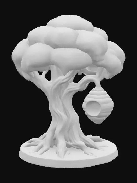 3D model for A fantasy tree miniature for 3D printing. The tree has a thick, twisted trunk and a wide, solid leaf canopy (no individual leaves). A large, rounded beehive hangs from a thick branch. The beehive must have a hole inside to fit a 5mm LED, and a hidden cable path should run from the beehive through the branch, inside the trunk, down to the base. There is a battery compartment hidden in the bottom of the trunk. The model must be printable and suitable for tabletop use at 28–32 mm scale. The beehive should be detachable (snap fit or socket).