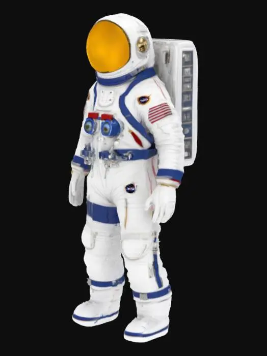 3D model for A photorealistic, hyper-detailed model of an astronaut in a modern NASA Extravehicular Activity (EVA) suit, similar to the Artemis program design. The suit is primarily white with blue and red accents. The helmet features a high-tech, gold-tinted polycarbonate visor. The life support backpack is detailed with pipes, vents, and a control module. The entire model should have realistic PBR textures, showing subtle fabric weaves and metallic surfaces. Standing in a neutral A-pose.