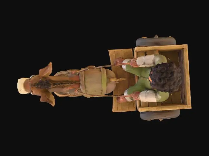 3D model for Low-poly hyper casual style 3D asset of a rural South Asian donkey pulling a wooden cart, with a cheerful desi coachman sitting on it. The coachman should have thick curly hair and a big curled moustache, wearing a loose kurta-style shirt, simple shalwar trousers, and sandals. The donkey should be simple, blocky, and stylized, with a harness attaching it to the cart. The cart should be wooden, minimal, with flat earthy textures. Use warm earthy tones (browns, creams, muted reds) so all elements match a desert village road background. Simple, blocky, and optimized for readability in a hyper casual mobile game.