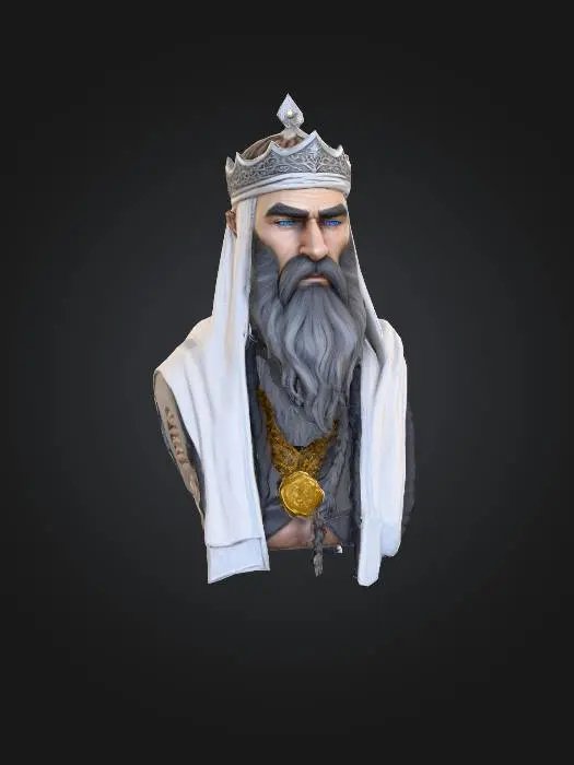 3D model for #PBR#,a veteran Muslim king with high cheek bones blue eyes, scar on left side of face, big wide braided grey beard, long black and white hair