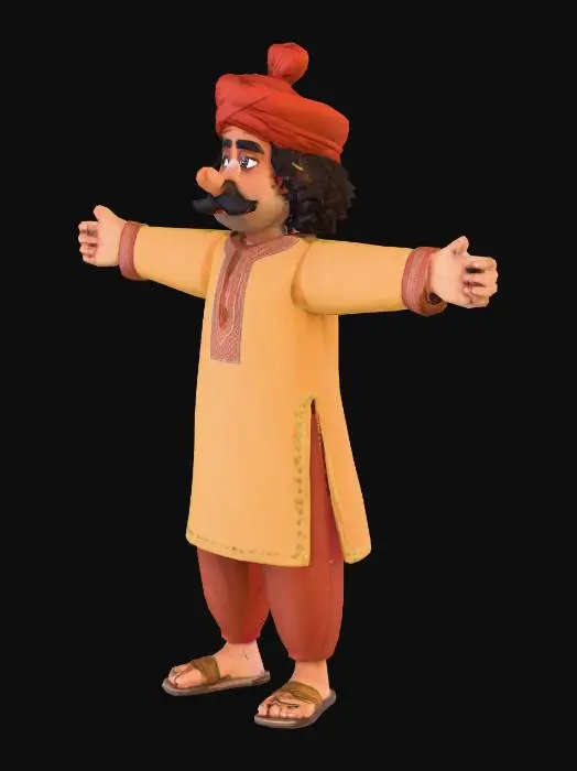 3D model for Low-poly hyper casual style human character in a rural South Asian theme. He should have thick curly hair and a big curled moustache, looking like a desi coachman. Outfit: loose kurta-style shirt, simple shalwar trousers, and sandals. Use warm earthy tones (cream, brown, muted red) to match a desert village road background. Style should be blocky, simple, and cheerful, optimized for readability in a hyper casual mobile game.