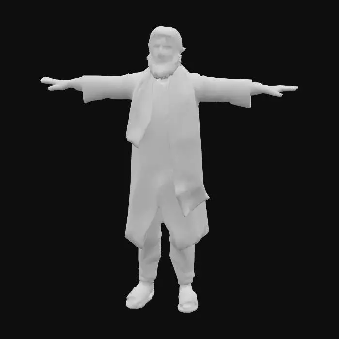 3D model for A low-poly, stylized character of a male cheerful desi driver, designed with slightly cartoonish, soft, and blocky proportions. He has curly black hair and a big, curled moustache, with a friendly expression. He wears simple desi rural clothes consisting of a loose, earthy-toned shirt, a muted vest, and plain trousers, all in warm browns and tans, with basic sandals. A vibrant red scarf is tied around his neck, adding a touch of personality. The entire model uses a warm, earthy color palette, blending seamlessly with a desert countryside game environment.