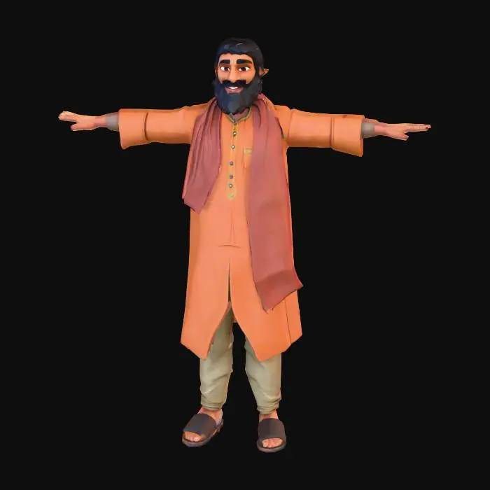 3D model for A low-poly, stylized character of a male cheerful desi driver, designed with slightly cartoonish, soft, and blocky proportions. He has curly black hair and a big, curled moustache, with a friendly expression. He wears simple desi rural clothes consisting of a loose, earthy-toned shirt, a muted vest, and plain trousers, all in warm browns and tans, with basic sandals. A vibrant red scarf is tied around his neck, adding a touch of personality. The entire model uses a warm, earthy color palette, blending seamlessly with a desert countryside game environment.