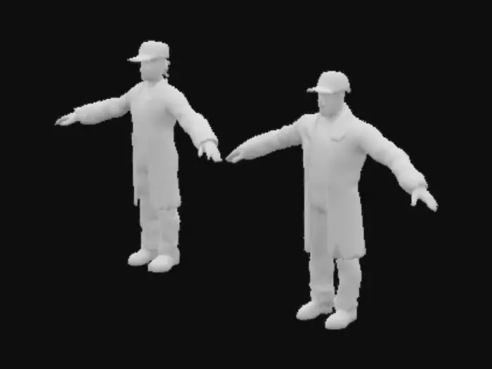 3D model for Operador homem e operadora mulher de produção, ambos vestindo jaleco azul e calça azul, luva cinza e boné azul, ambos com os braços abertos e extendidos, ambos devem estar separados sem tocar um ao outro