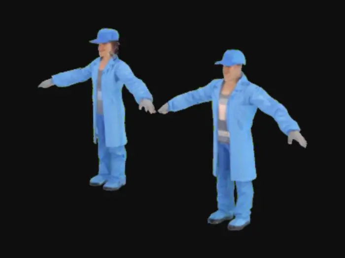 3D model for Operador homem e operadora mulher de produção, ambos vestindo jaleco azul e calça azul, luva cinza e boné azul, ambos com os braços abertos e extendidos, ambos devem estar separados sem tocar um ao outro