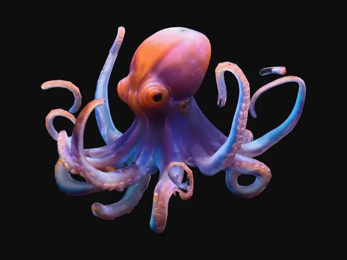 3D model for A detailed octopus with smooth, semi-translucent skin. Eight curling tentacles, realistic suction cups, and a vibrant, oceanic color palette with subtle bioluminescence.