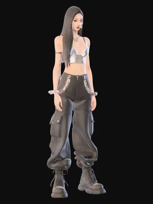 3D model for Hyper-realistic 8K masterpiece, full body 3D model of a beautiful female K-pop idol. **Focus on highly detailed, crisp, and sharp facial features with no distortion. Defined facial structure, accurate human anatomy.** Flawless 'glass skin', sharp V-line jaw, large expressive almond eyes with subtle glitter, and glossy gradient lips. Her hair is long, sleek, jet-black, styled in a sharp hime cut. Wearing a chic, futuristic stage outfit: an asymmetrical silver metallic crop top, black tech-wear cargo pants with chrome chains, and black platform boots. Confident, charismatic expression. Cinematic lighting, ultra-detailed, PBR materials for maximum realism.