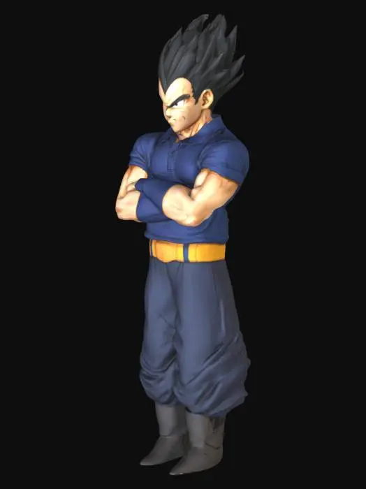 3D model for Vegeta from Dragonball Z in a polo shirt with his arms crossed looking mad 