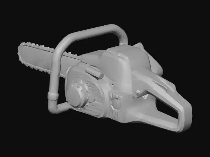3D model for A realistic, normal-looking chainsaw with a long, extended steel guide bar and a clearly visible full-length cutting chain that runs the entire bar. The guide bar is noticeably longer than the engine housing, giving the chainsaw a classic professional lumberjack look. Standard industrial design, not futuristic. Solid metal engine body with ventilation slots and bolts, slightly worn but clean. Thick rubberized front handle with a curved hand guard, rear handle with trigger grip and safety lock. Chain teeth are sharp, evenly spaced, and clearly defined along the whole bar. Balanced and believable proportions, real-world scale. Neutral colors such as dark gray, black, and muted orange. No logos, no text, no blood or damage. Single object, centered, game-ready, clean topology, suitable
