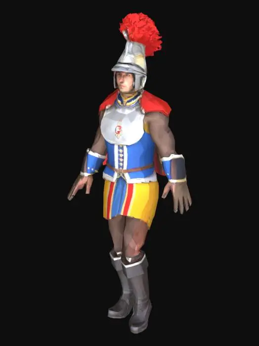 3D model for Swiss guard uniform with the Morion helmet with red feathers, and a shining breast plate, and the loose fitting tri-color dress uniform with blue, yellow and red stripes. No weapons, t-posing.