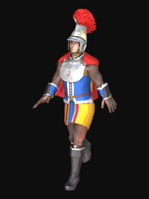 3D model for Swiss guard uniform with the Morion helmet with red feathers, and a shining breast plate, and the loose fitting tri-color dress uniform with blue, yellow and red stripes. No weapons, t-posing.