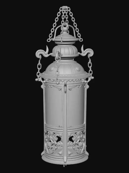 3D model for Create a 3D mesh of a lantern inspired by the **Dark Souls** series. The lantern should feature a gothic design with ornate metalwork, showcasing intricate patterns and a weathered finish. Incorporate a glass enclosure with a flickering flame inside, casting an eerie glow. The lantern should have a robust handle and chains for hanging, set against a backdrop of twisted roots and stones. Aim for a size suitable for hand-holding in a dark, foreboding environment.
