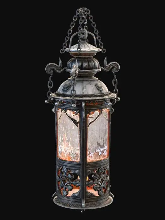 3D model for Create a 3D mesh of a lantern inspired by the **Dark Souls** series. The lantern should feature a gothic design with ornate metalwork, showcasing intricate patterns and a weathered finish. Incorporate a glass enclosure with a flickering flame inside, casting an eerie glow. The lantern should have a robust handle and chains for hanging, set against a backdrop of twisted roots and stones. Aim for a size suitable for hand-holding in a dark, foreboding environment.