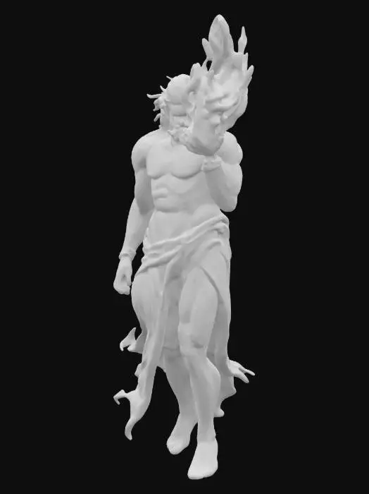 3D model for A powerful figure, embodying Prometheus, sculpted with exaggerated, muscular forms and flowing drapery, all composed of visible, thick brushstrokes. Its surface possesses a highly textural, impasto quality, appearing as if solidified paint. The figure's colors are vibrant and contrasting, with deep blues, purples, and rich ochres. Prometheus's posture is dynamic, holding aloft a swirling, ethereal orb of fire. This flame is a vibrant vortex of intense reds, oranges, and yellows, with a molten, fluid appearance and visible textured striations, giving it a dreamlike, sculpted-paint quality.