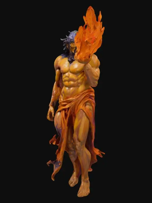 3D model for A powerful figure, embodying Prometheus, sculpted with exaggerated, muscular forms and flowing drapery, all composed of visible, thick brushstrokes. Its surface possesses a highly textural, impasto quality, appearing as if solidified paint. The figure's colors are vibrant and contrasting, with deep blues, purples, and rich ochres. Prometheus's posture is dynamic, holding aloft a swirling, ethereal orb of fire. This flame is a vibrant vortex of intense reds, oranges, and yellows, with a molten, fluid appearance and visible textured striations, giving it a dreamlike, sculpted-paint quality.