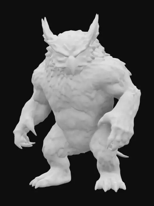 3D model for An Owlbear, a monstrous fusion of majestic owl and brutish bear, draped in matted, shadowy plumage. Its haunting, glowing eyes pierce through the gloom, reflecting deep sorrow and rage. Jagged claws glint as it roars, embodying a tragic guardian, bound by fate in a world that has forsaken it.