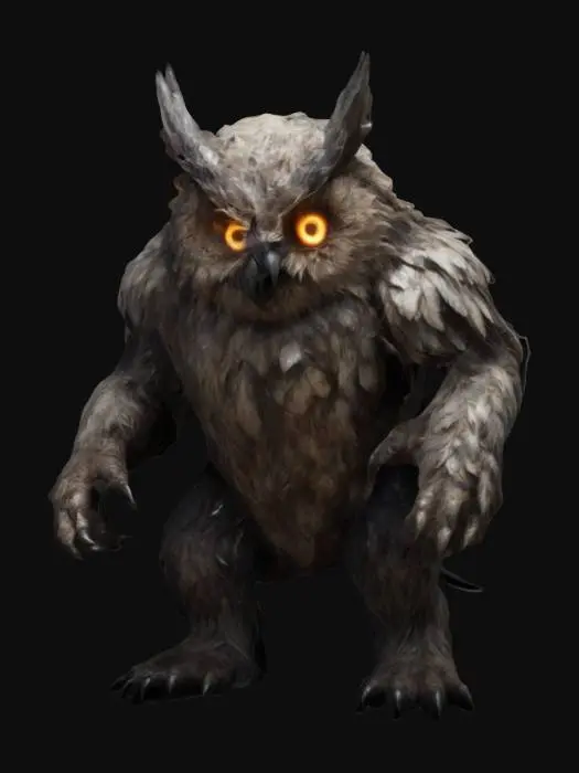 3D model for An Owlbear, a monstrous fusion of majestic owl and brutish bear, draped in matted, shadowy plumage. Its haunting, glowing eyes pierce through the gloom, reflecting deep sorrow and rage. Jagged claws glint as it roars, embodying a tragic guardian, bound by fate in a world that has forsaken it.