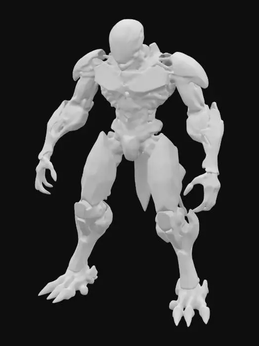3D model for a bio-organic robot that fuses sleek mechanical elements with organic, muscular forms reminiscent of Todd McFarlane's dynamic lines, Joe Madureira's exaggerated proportions, and Frank Frazetta's intense energy. Imagine a menacing figure with intricate biomechanical features, glowing veins, and an imposing stance, evoking the relentless power of the Terminator.